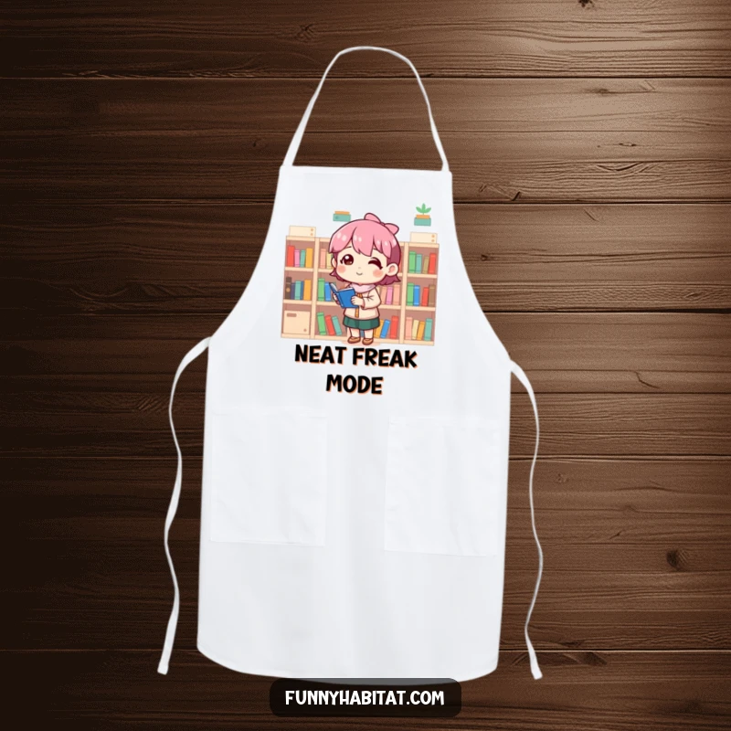 Funny apron with a happy character arranging tiny bookshelves, perfect for the organized cook who enjoys a laugh.