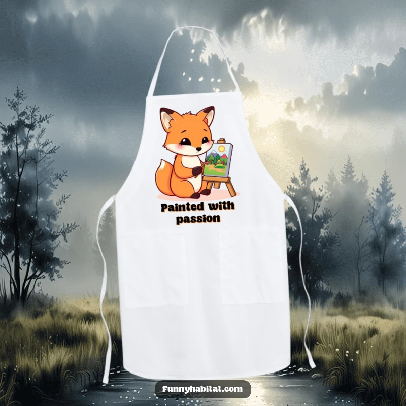 Funny fox character painting a landscape on a miniature canvas, a humorous and practical apron for creative endeavors.