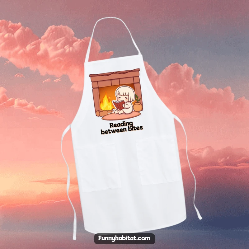 Funny apron depicting a cute character reading by a warm fireplace, ideal for cozy kitchen moments.