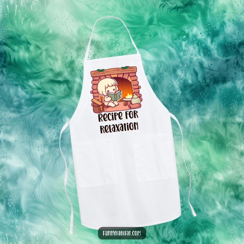 Funny apron depicting a character happily reading by a fireplace, a delightful accessory for any kitchen.