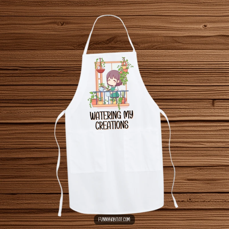 Funny apron showing a character happily watering hanging plants from a balcony, ideal for gardening with a humorous touch.