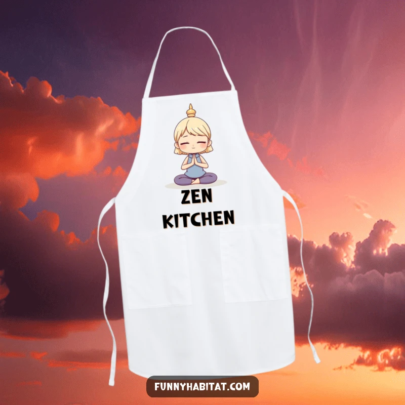 Funny apron with a character in a calm, serene yoga pose, perfect for protecting clothes with mindful humor.