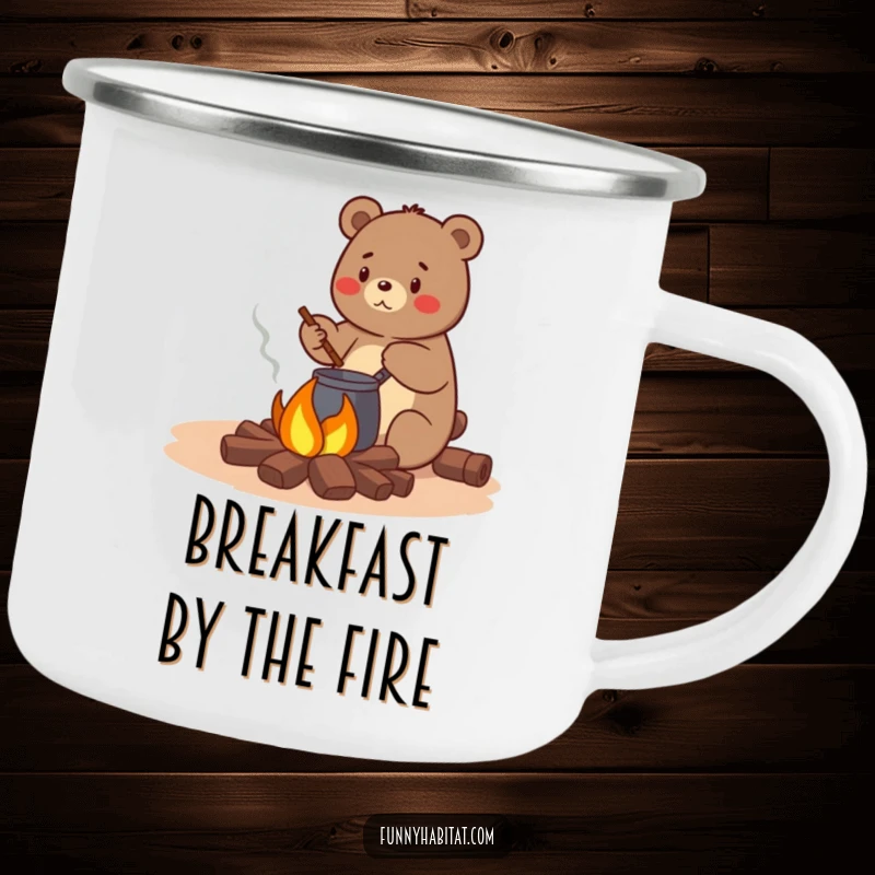 Funny bear character stirring a pot over a small campfire, a sturdy and humorous enamel camping mug for outdoor chefs.