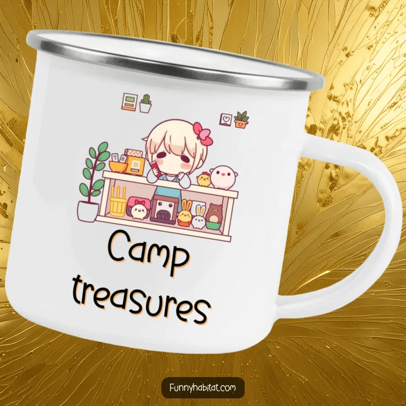 Funny camping mug with a character arranging items on a shelf, perfect for collectors enjoying the outdoors.