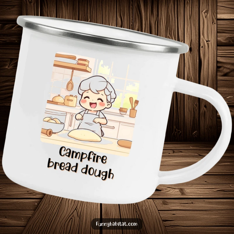 Funny camping mug featuring a joyful character happily kneading dough in a sunlit kitchen, for outdoor baking.