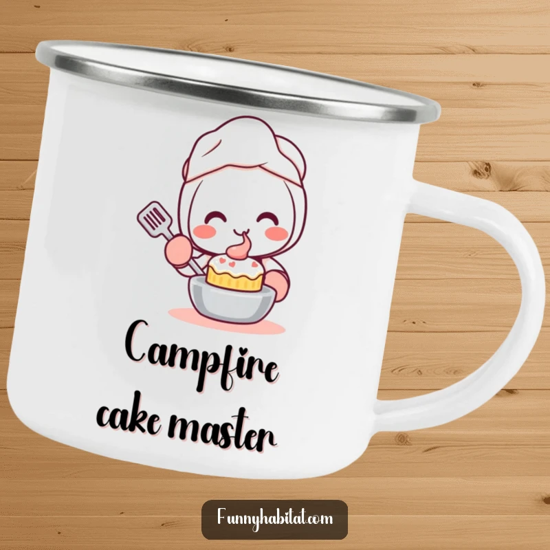 Funny Kawaii Camping Mug, a cute character with oven mitts smiles while baking a small cake, durable outdoor mug.
