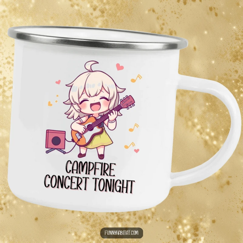 Funny enamel camping mug with a character joyfully playing a musical instrument, ideal for enjoying drinks outdoors with a smile.