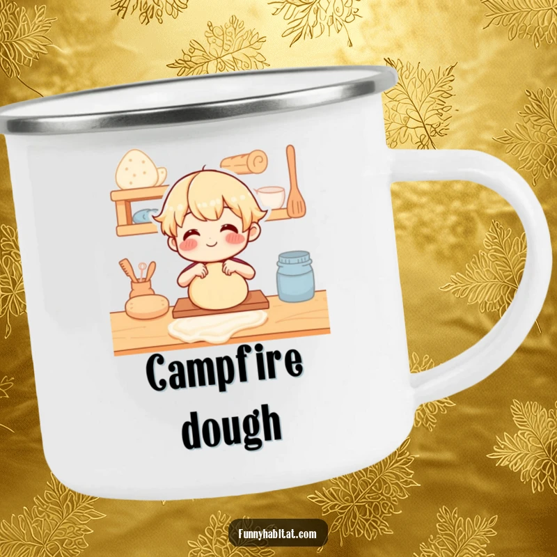 Funny Camping Mug: Character happily kneading dough on a wooden counter, ideal for outdoor baking.