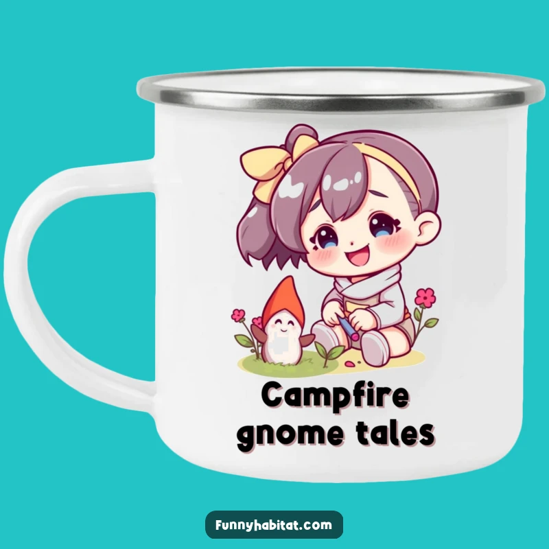 Funny Enamel Camping Mug: Gnome Character Tending Outdoor Fun