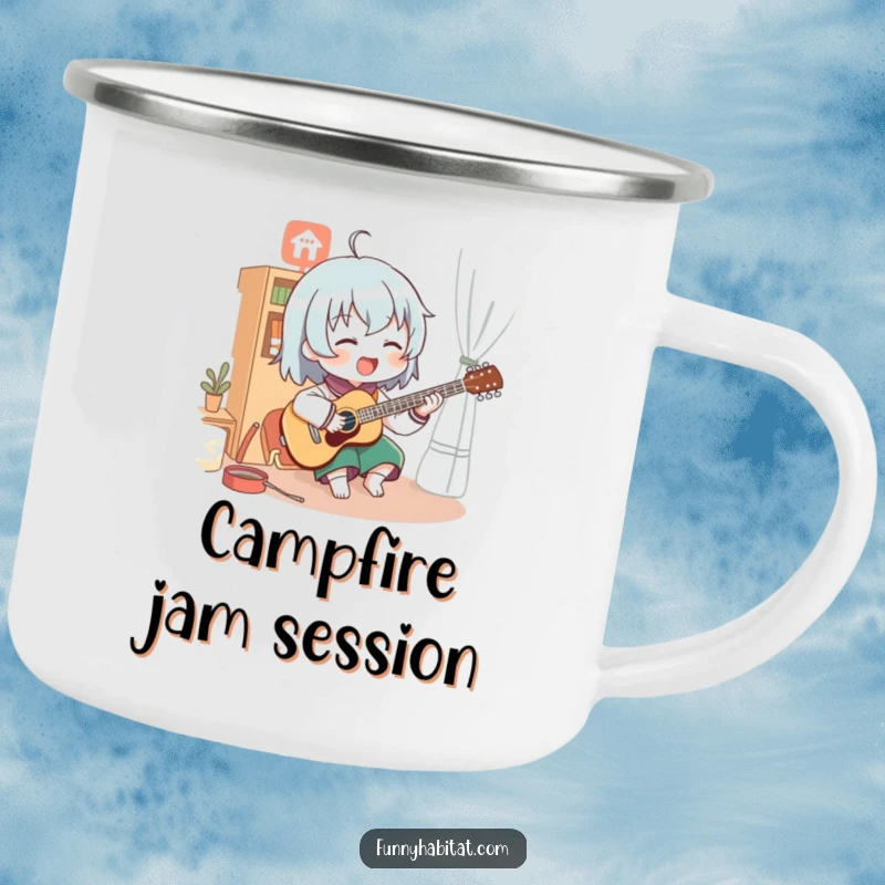 Funny enamel camping mug with a character enthusiastically playing a musical instrument within a cozy room, bringing music outdoors.