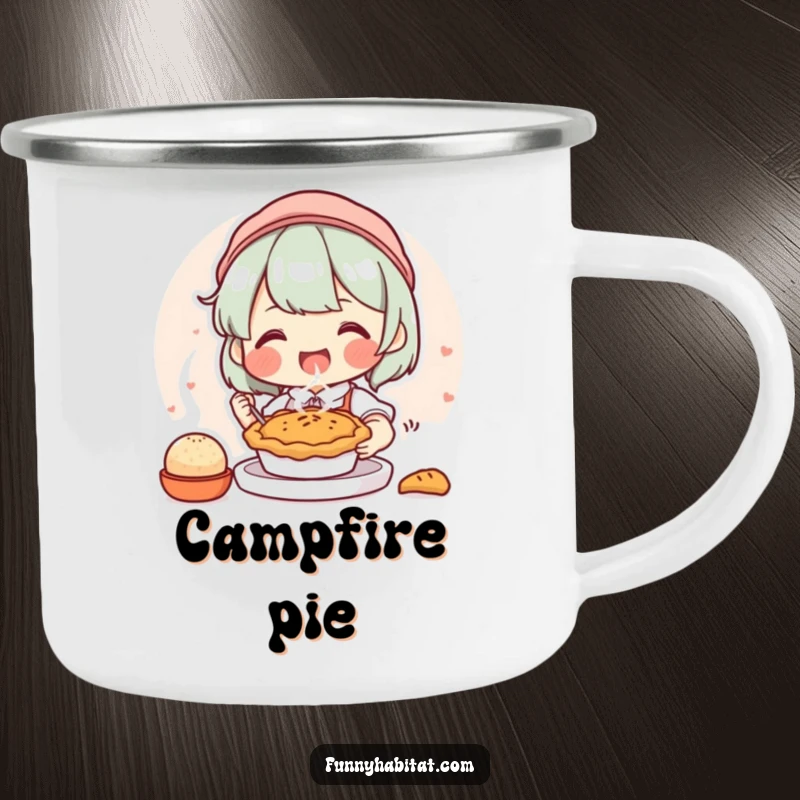 Funny camping mug with a joyful character happily baking a small, steaming pie, designed for outdoor enjoyment and baking humor.