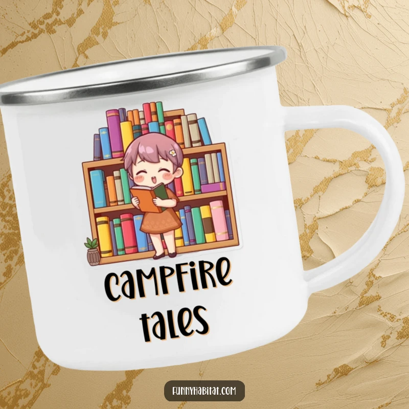 Funny book lover camping mug with a character organizing a bookshelf, durable and perfect for outdoor reading lovers.