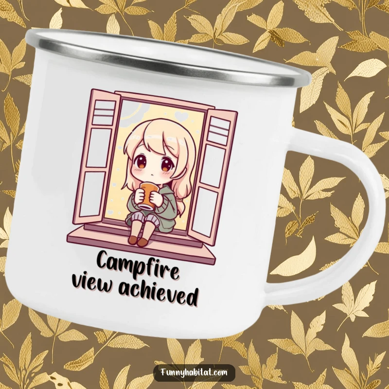 Funny Camping Mug showcasing a content character enjoying a warm beverage by a window, perfect for savoring drinks during outdoor relaxation.