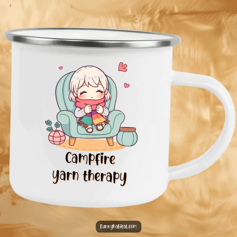 Funny camping mug showcasing a cute character knitting a colorful scarf in a cozy armchair, perfect for outdoor crafting enthusiasts.