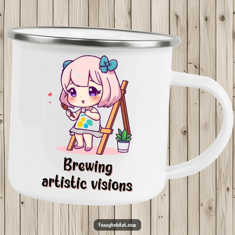 Funny camping mug showing a character artist painting a small, colorful canvas, perfect for outdoor creative sessions.