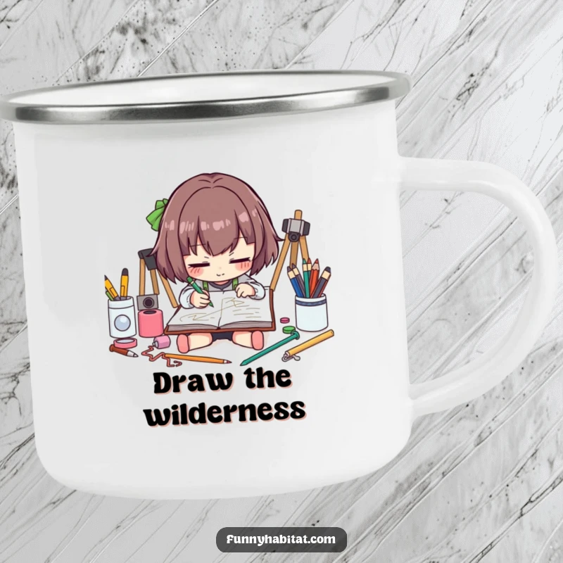 Funny artist camping mug showing a character sketching, durable and perfect for outdoor creative sessions and hot drinks.
