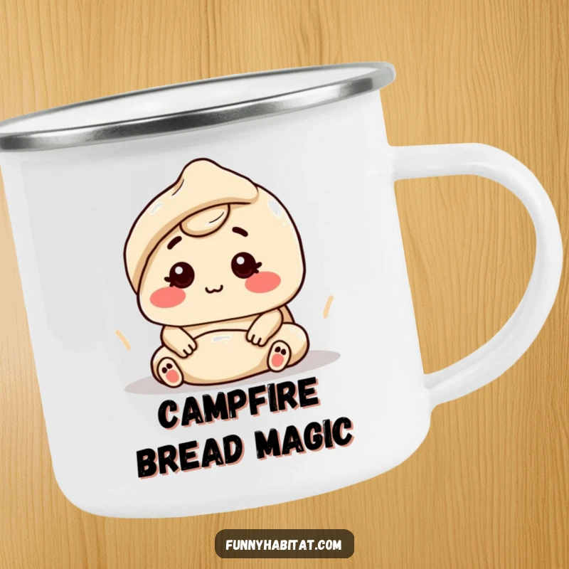 Funny character kneading dough with a contented expression, on a camping mug.