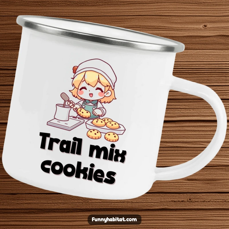 Funny enamel camping mug with a character happily baking cookies, with a tray of treats nearby, enjoying the outdoors.