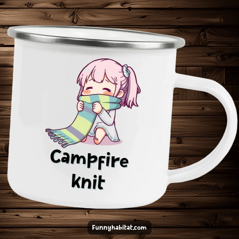 Funny camping mug with a character blissfully knitting a long, colorful scarf; durable and humorous drinkware for crafters.