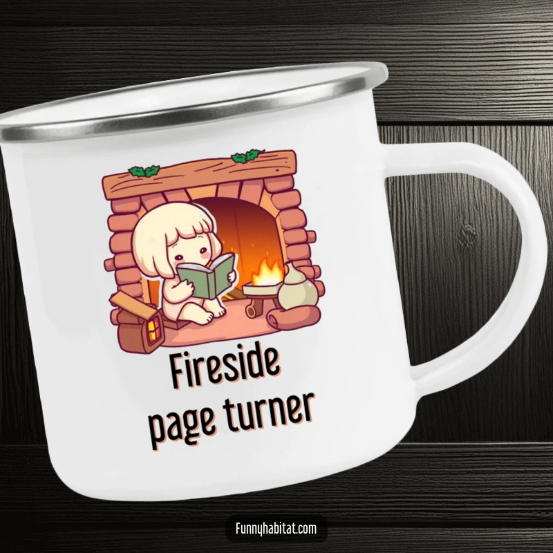 Funny camping mug showing a character reading by a fireplace, bringing indoor coziness to outdoor adventures.