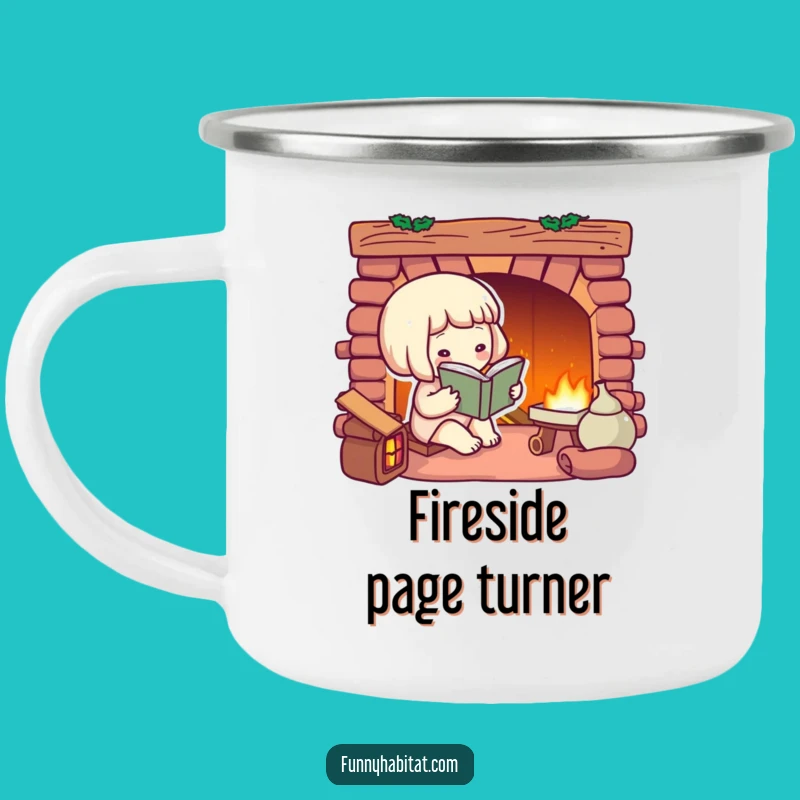 Funny Bookworm Camping Mug: Cozy Fireplace Reader, Durable Gift for Campers