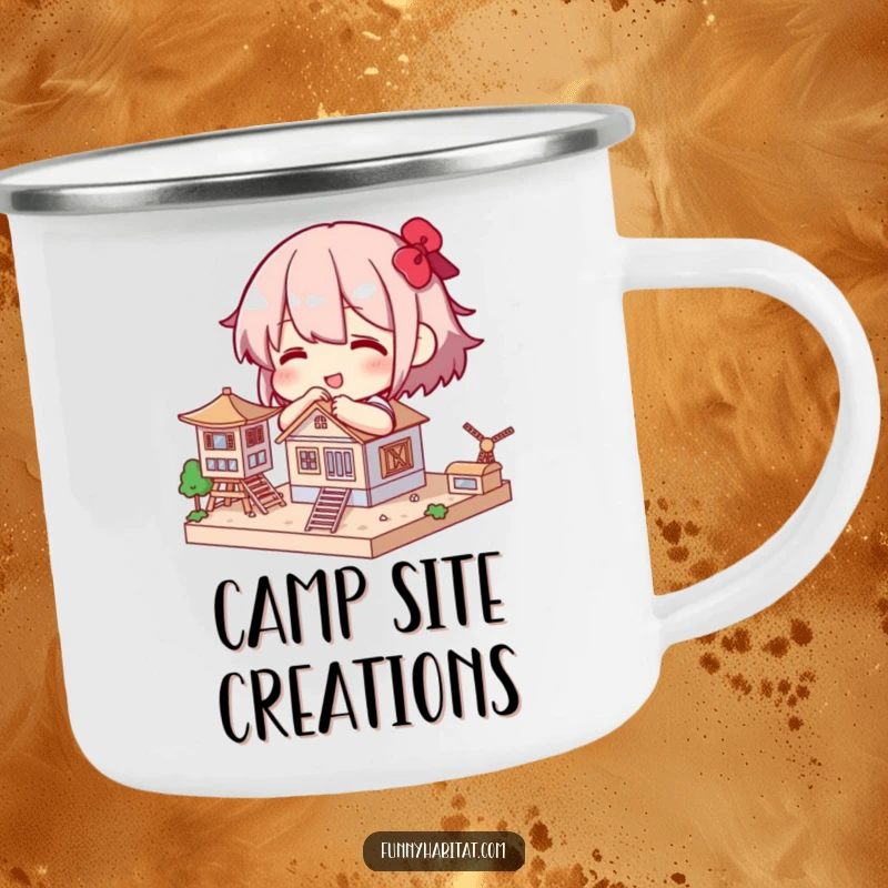 Funny camping mug with a character happily building a small, intricate model structure, perfect for outdoor crafting.