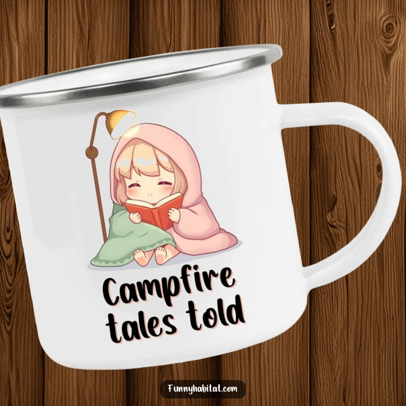 Funny camping mug featuring a cozy character wrapped in a blanket, reading a book by soft lamplight, for outdoor enjoyment.