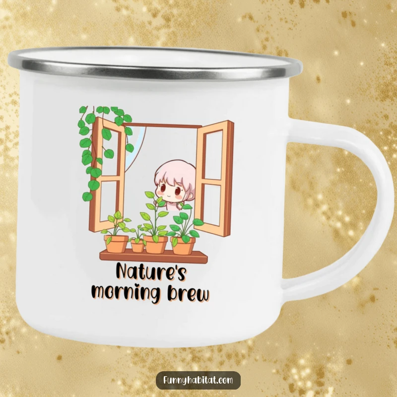 Funny camping mug featuring a cute character happily watering a small, vibrant potted plant in a window, for outdoor use.
