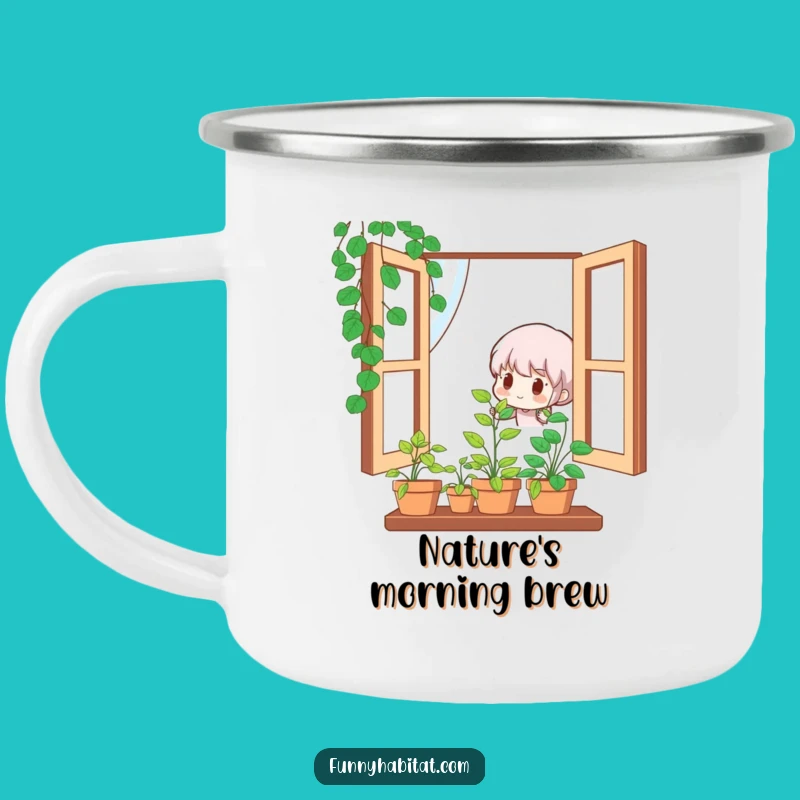 Funny Camp Mug: Cute Character Waters Plant, Perfect Outdoor Gardener Gift