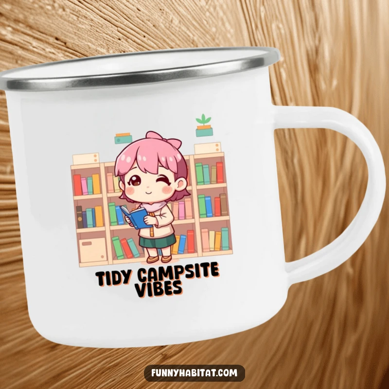 Funny camping mug showing a satisfied character arranging tiny bookshelves, ideal for outdoor enthusiasts who love order.