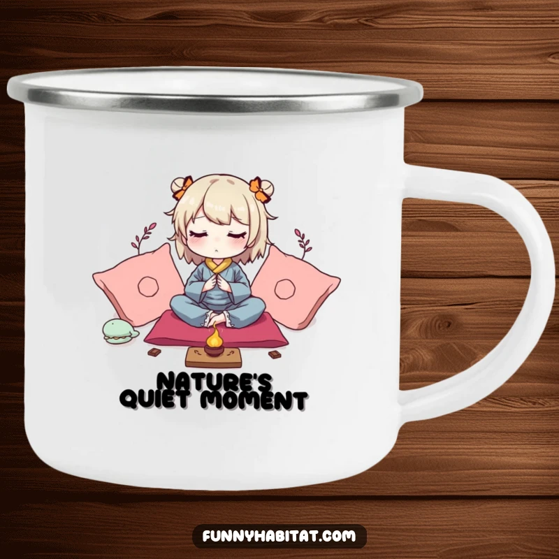 Funny camping mug featuring a peaceful character meditating amongst soft cushions and gentle incense, for outdoor tranquility.