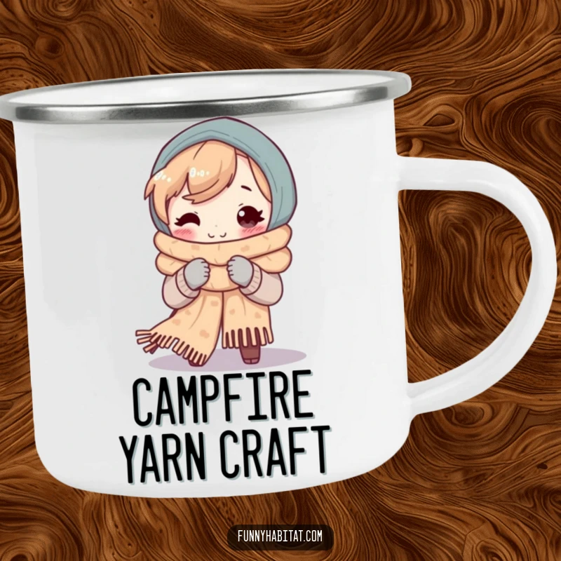 Funny camping mug featuring a happy character knitting a cozy scarf, perfect for enjoying beverages outdoors.