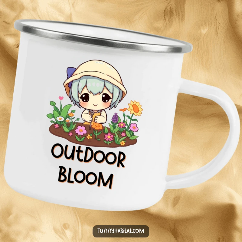 Funny camping mug with a happy character tending a miniature vibrant garden, designed for outdoor enjoyment and horticultural humor.