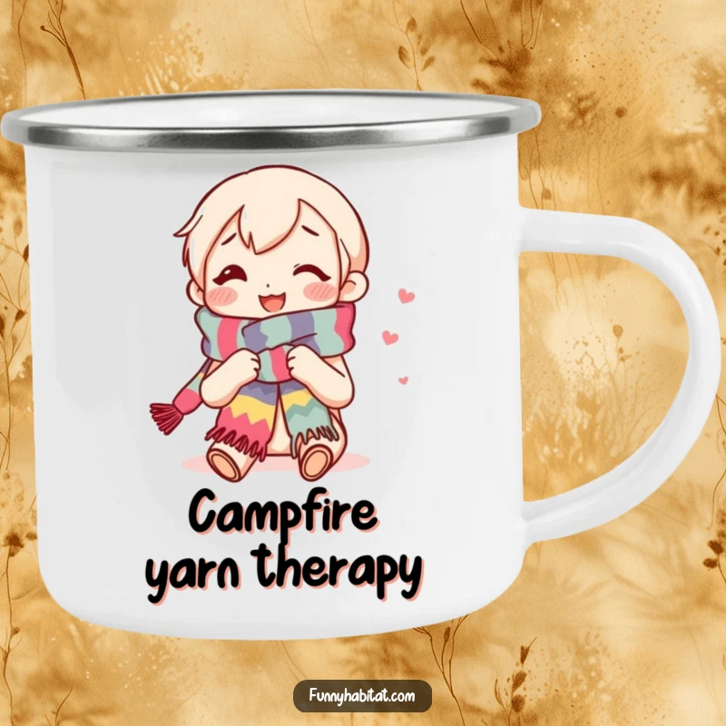 Funny camping mug featuring a content smiling knitter character knitting a colorful scarf, perfect for outdoor crafting adventures.