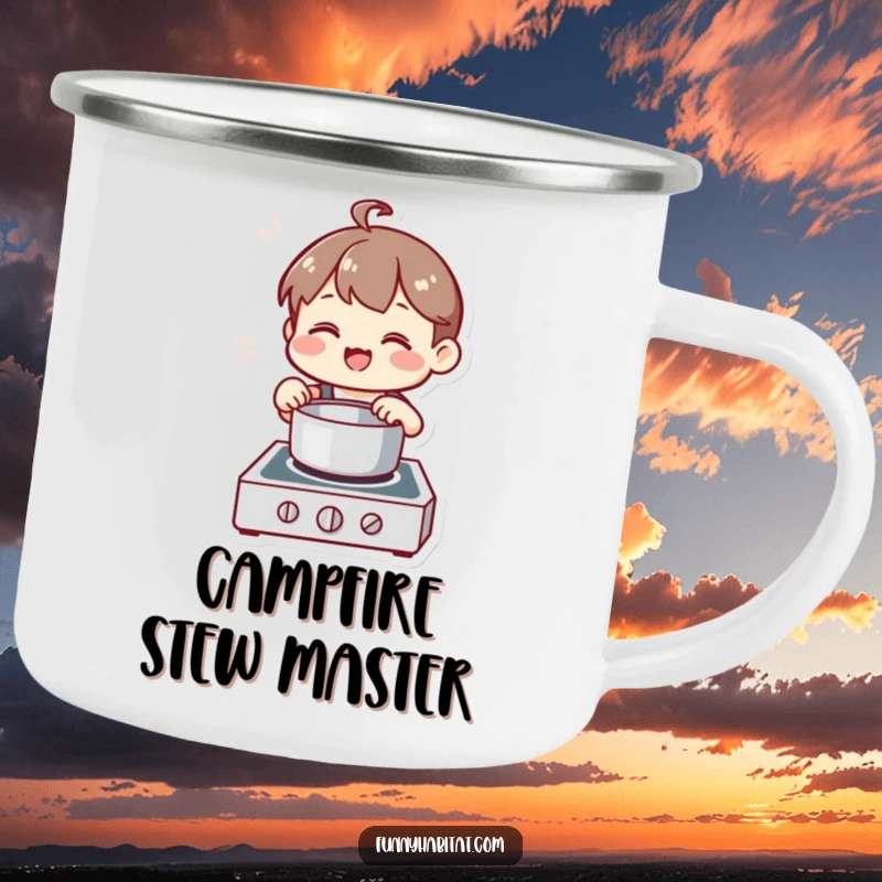 Funny Chef Camping Mug, a happy character stirs a pot on a stove, durable and culinary-themed.