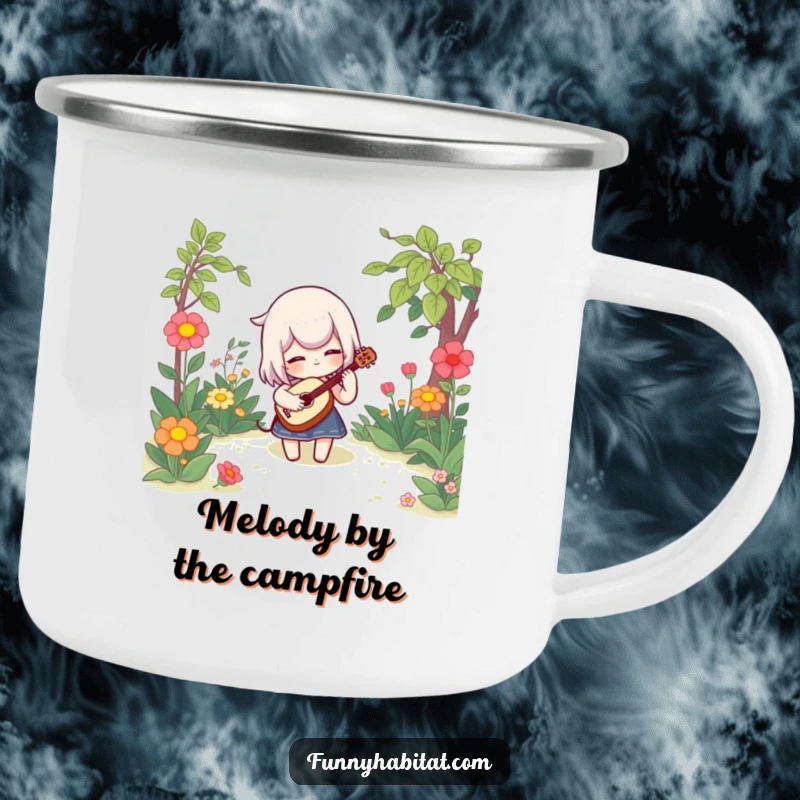 Funny camping mug featuring a character playing a whimsical instrument in a garden, ideal for outdoor refreshment with a musical flair.