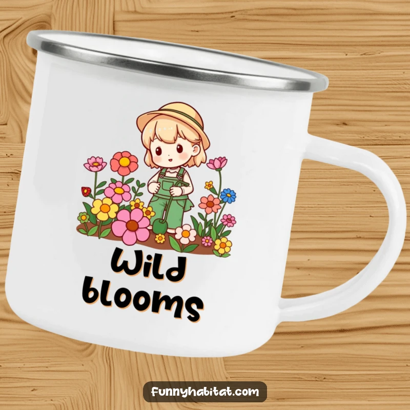 Funny camping mug with a happy gardener character tending colorful flowers, perfect for outdoor enjoyment and plant lovers.