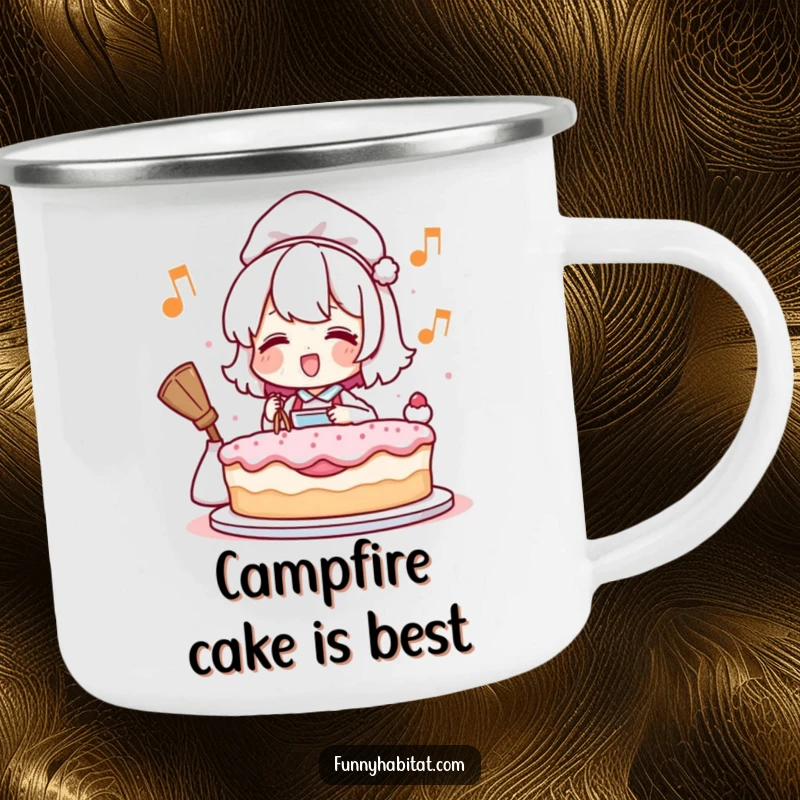 Funny enamel camping mug with a happy character humming and baking a cake, ideal for enjoying drinks outdoors with a smile.