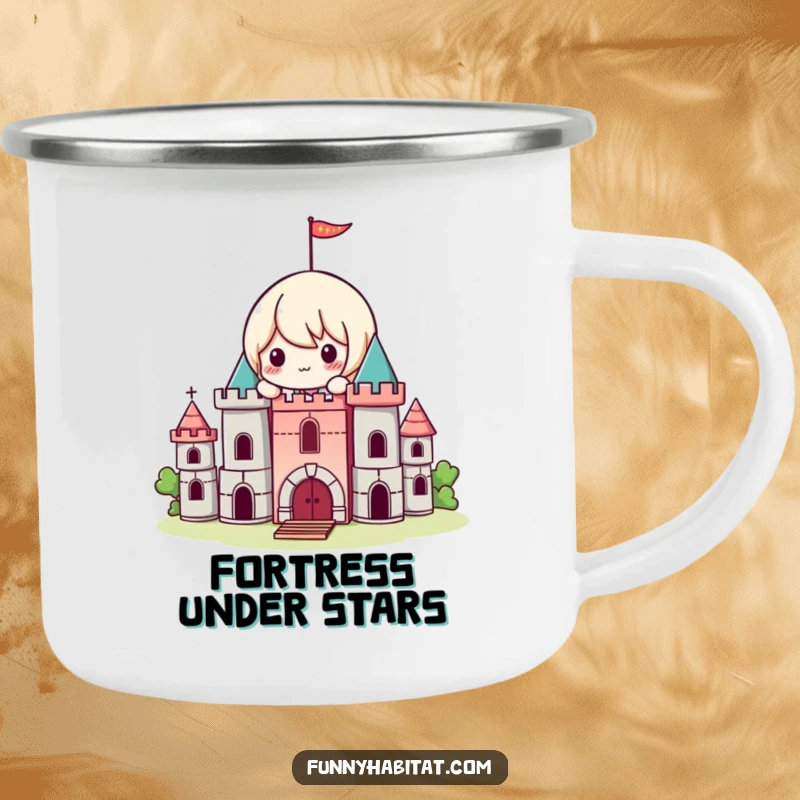 Funny Kawaii Camping Mug, a playful character builds a mini castle with blocks, durable and fun.