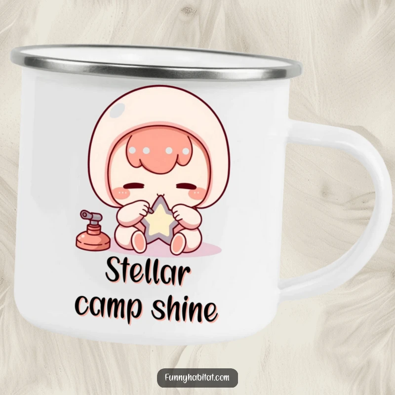 Funny Kawaii Camping Mug, a diligent character carefully polishes a small star, durable and humorous.