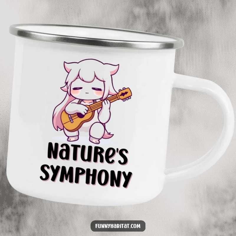 Funny musician camping mug with a character playing an instrument, durable and perfect for outdoor music lovers.