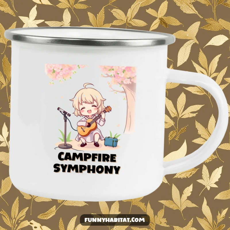 Funny camping mug showing a character happily playing a harmonica under the stars, embodying the spirit of outdoor music.