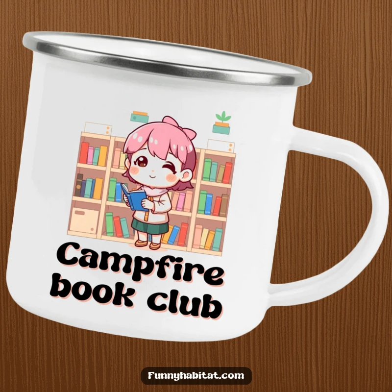 Funny enamel camping mug with a character organizing tiny bookshelves with deep satisfaction and a smile, enjoying nature.