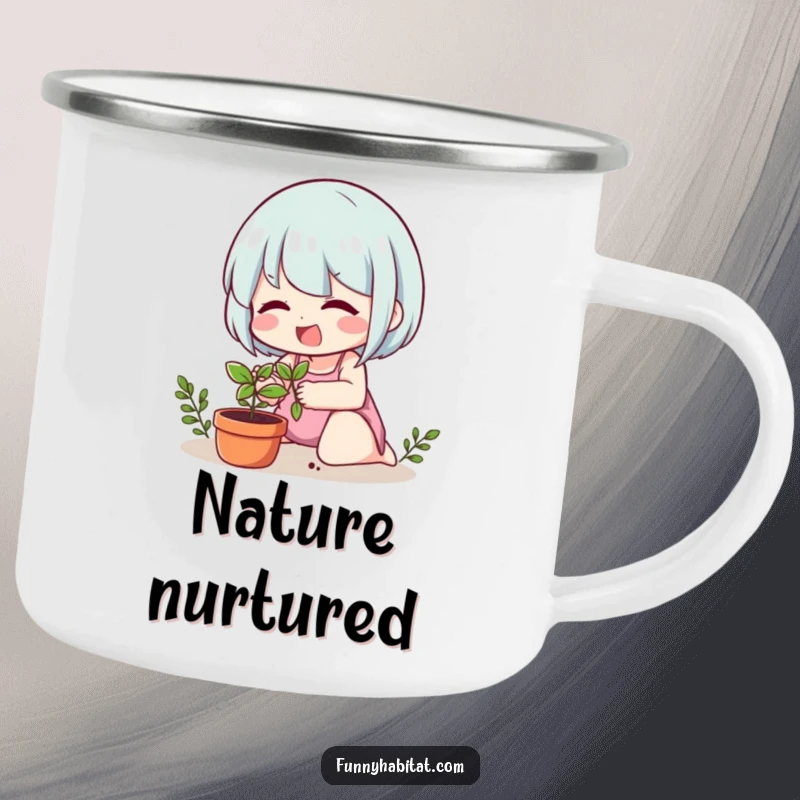 Funny camping mug showing a cheerful character caring for a small potted plant, perfect for outdoor gardening enthusiasts.