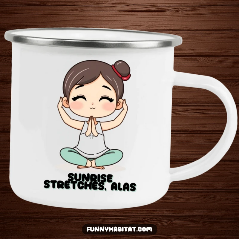 Funny Camping Mug showcasing a character in a graceful yoga pose, perfect for enjoying beverages during outdoor wellness activities.