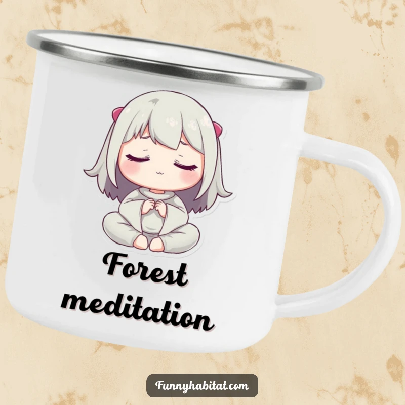 Funny camping mug featuring a character meditating peacefully with eyes closed, perfect for enjoying quiet moments in nature.