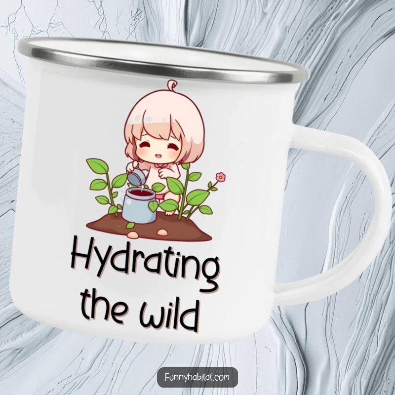 Funny camping mug with a character watering a healthy plant, designed for outdoor enjoyment and morning brews with a smile.