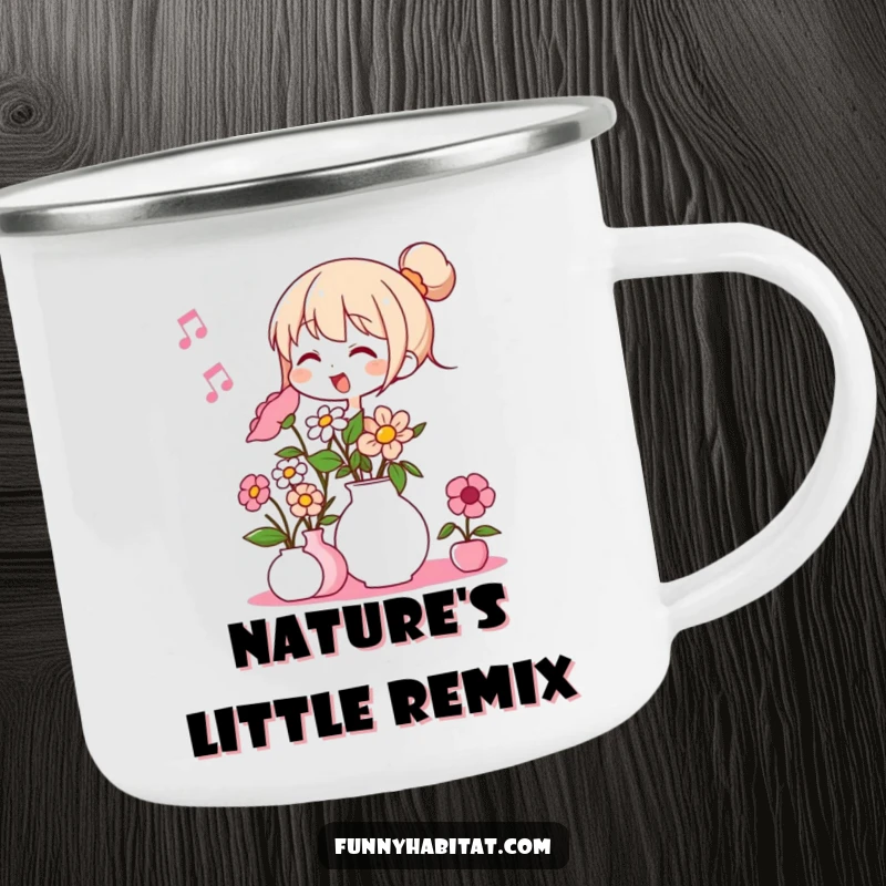 Funny enamel camping mug with a character humming contentedly while arranging a beautiful assortment of flowers outdoors.