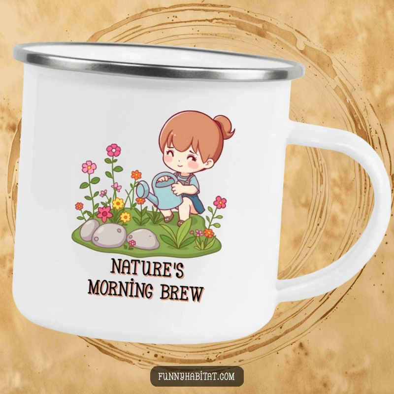 Funny camping mug showcasing a character watering a vibrant miniature garden, perfect for outdoor gardening enthusiasts.