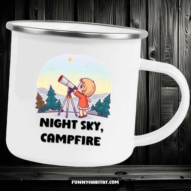 Funny camping mug with a character using a telescope to look at the stars with wonder, perfect for outdoor adventures.